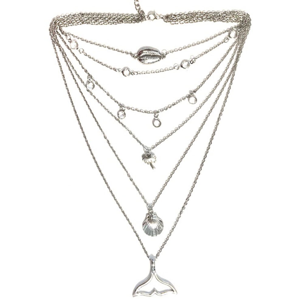 6 Layered Necklace 🦚 Fish Tail Palm Tree Seashell - Picture 3 of 3